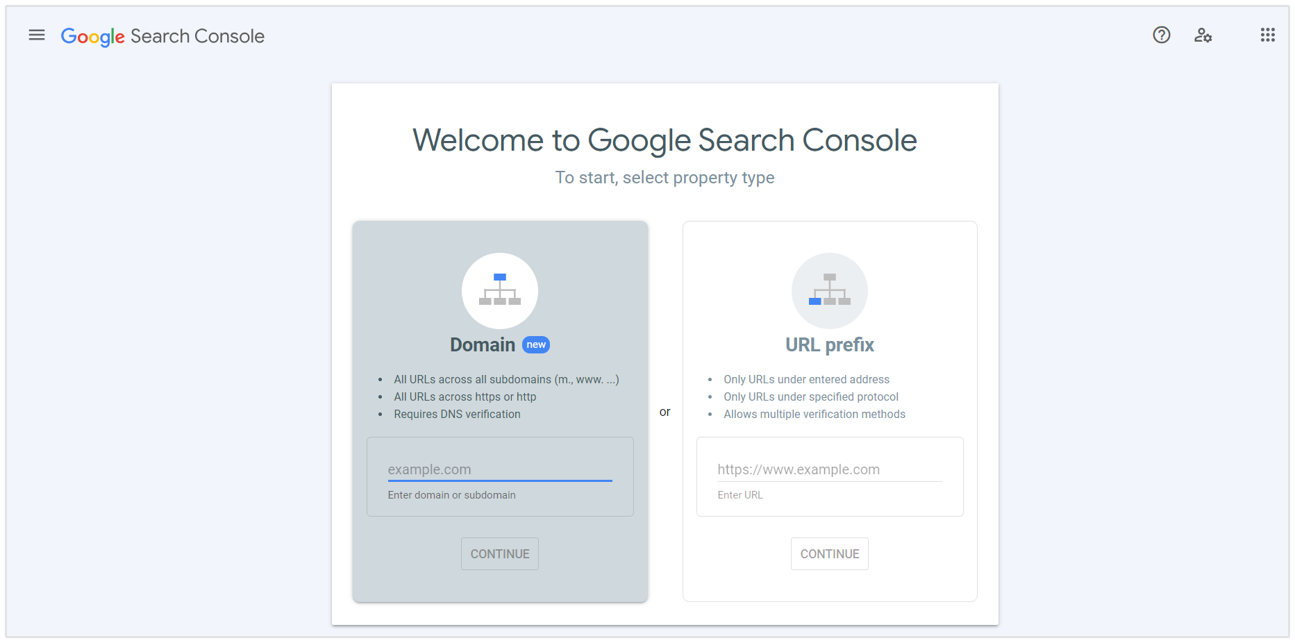 Wählen Sie den Eigenschaftstyp in der Google Search Console